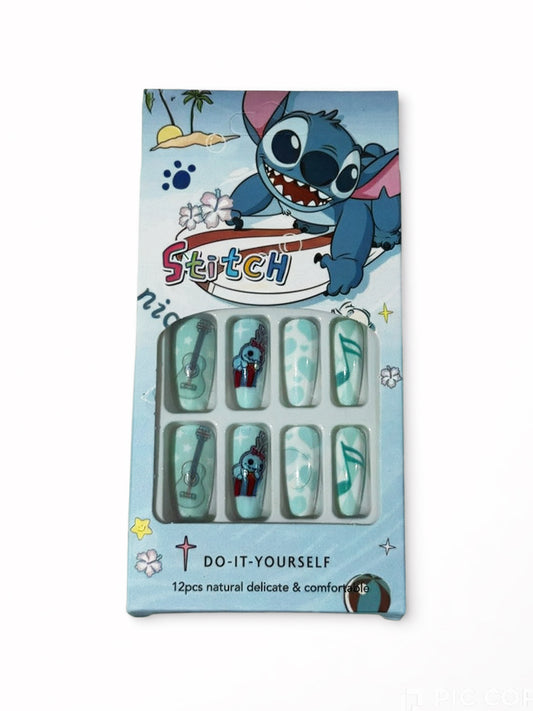 Kit de Faux Ongles Stitch Bleu Pastel Motifs Musique